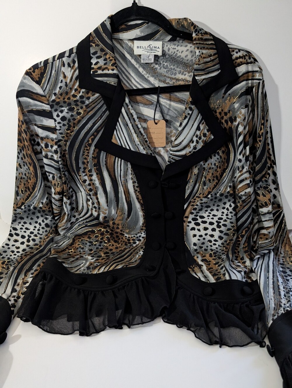 Bellsiima Black and Brown Animal-Print Ruffle Hem Blouse
